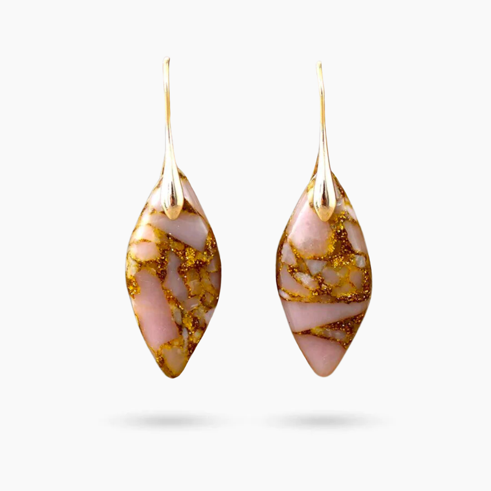 Boucles d'oreilles en jaspe feuilles de pêche dorées