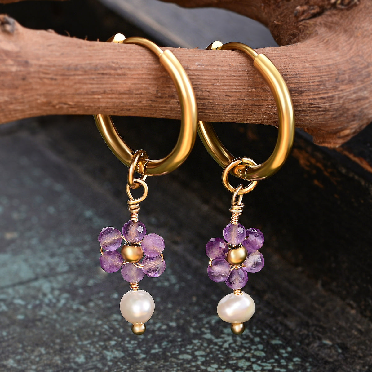 Boucles d'oreilles créoles en perles et agates Golden Grace