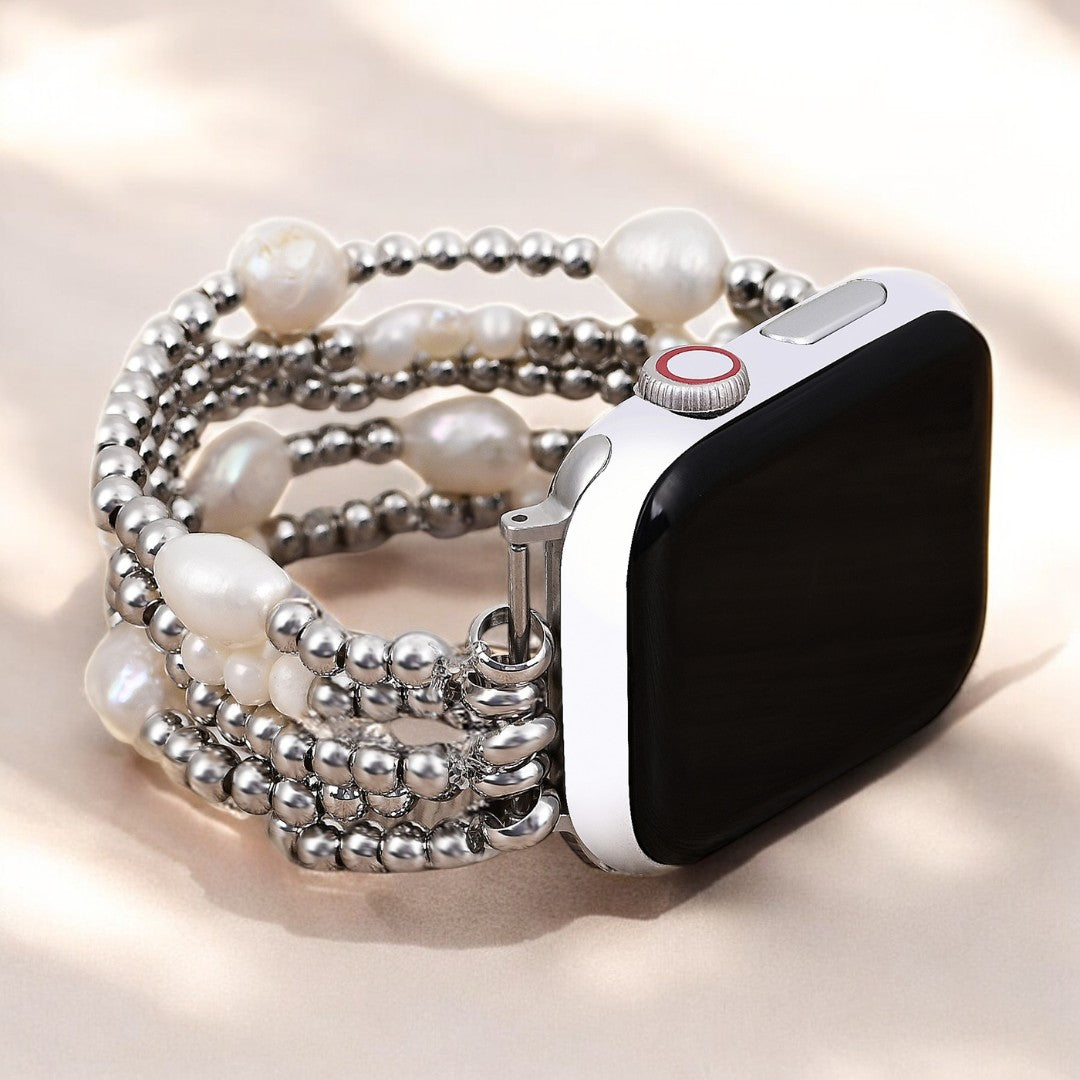 Perlen- und silberfarbener Stretch-Apple Watch-Armband