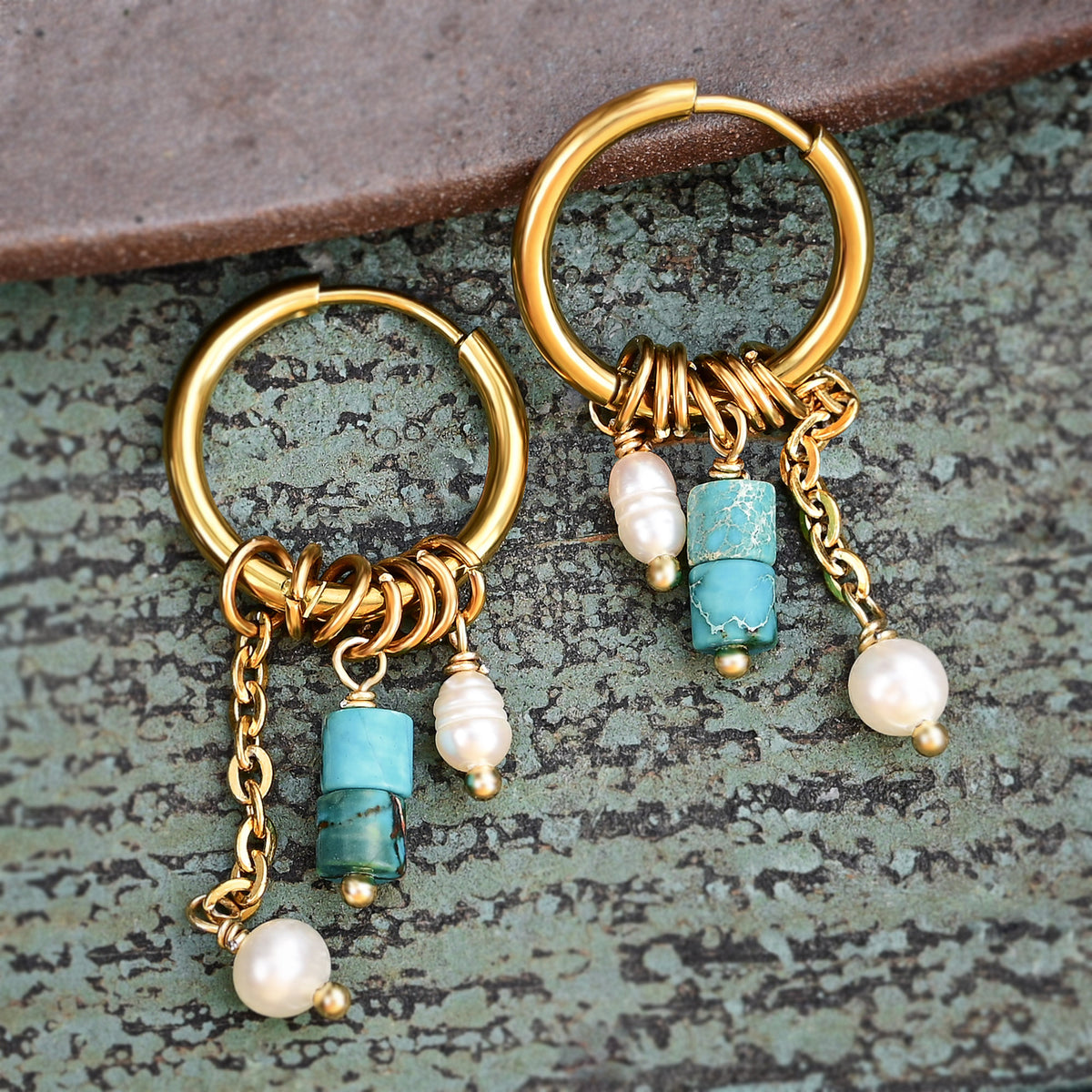 Boucles d'oreilles créoles en perles et agates Golden Grace