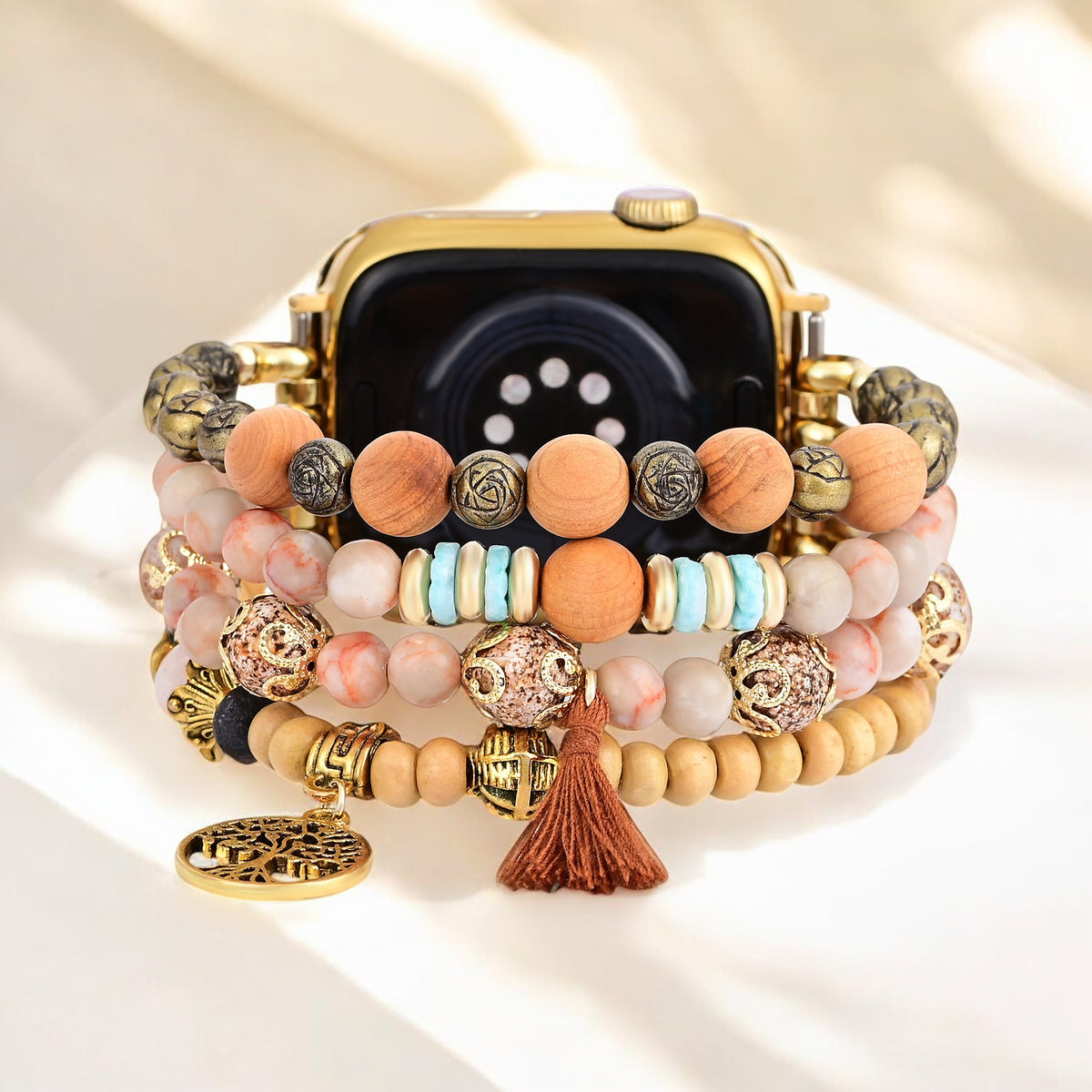 Bracelet de montre extensible en jaspe arbre de vie doré