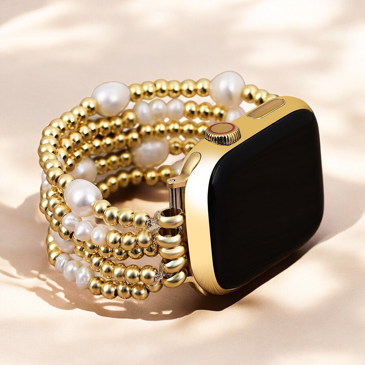 Bracelet Apple Watch extensible en or et en perles