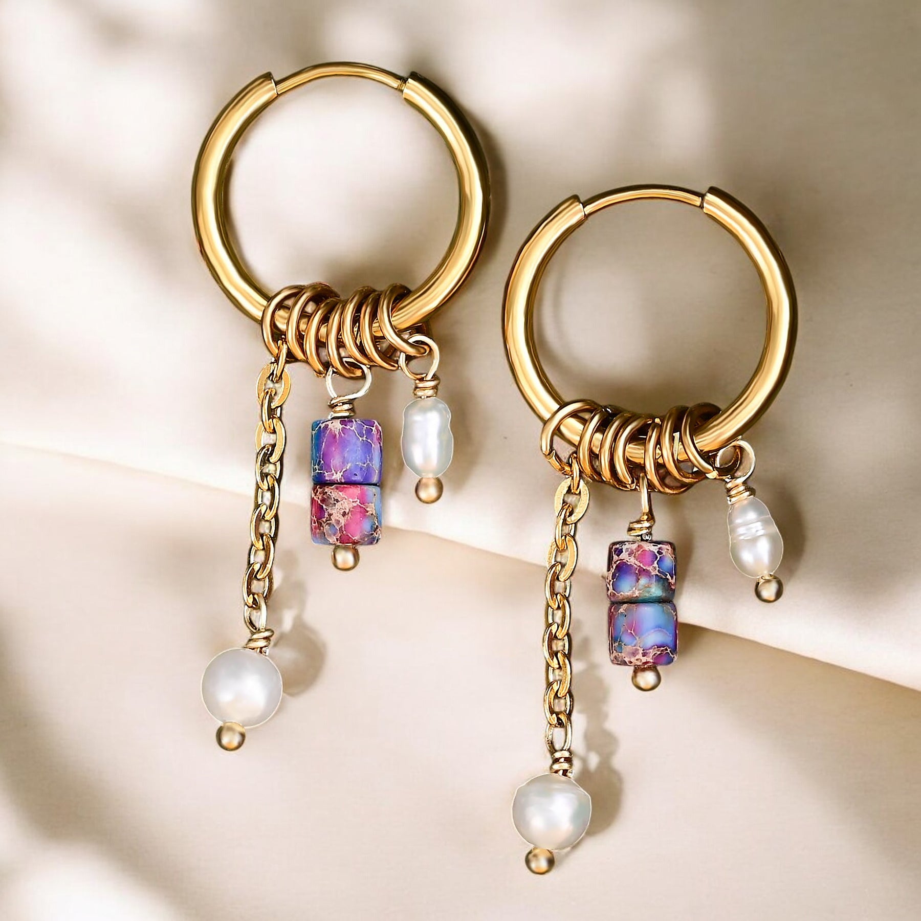 Boucles d'oreilles créoles en perles et agates Golden Grace