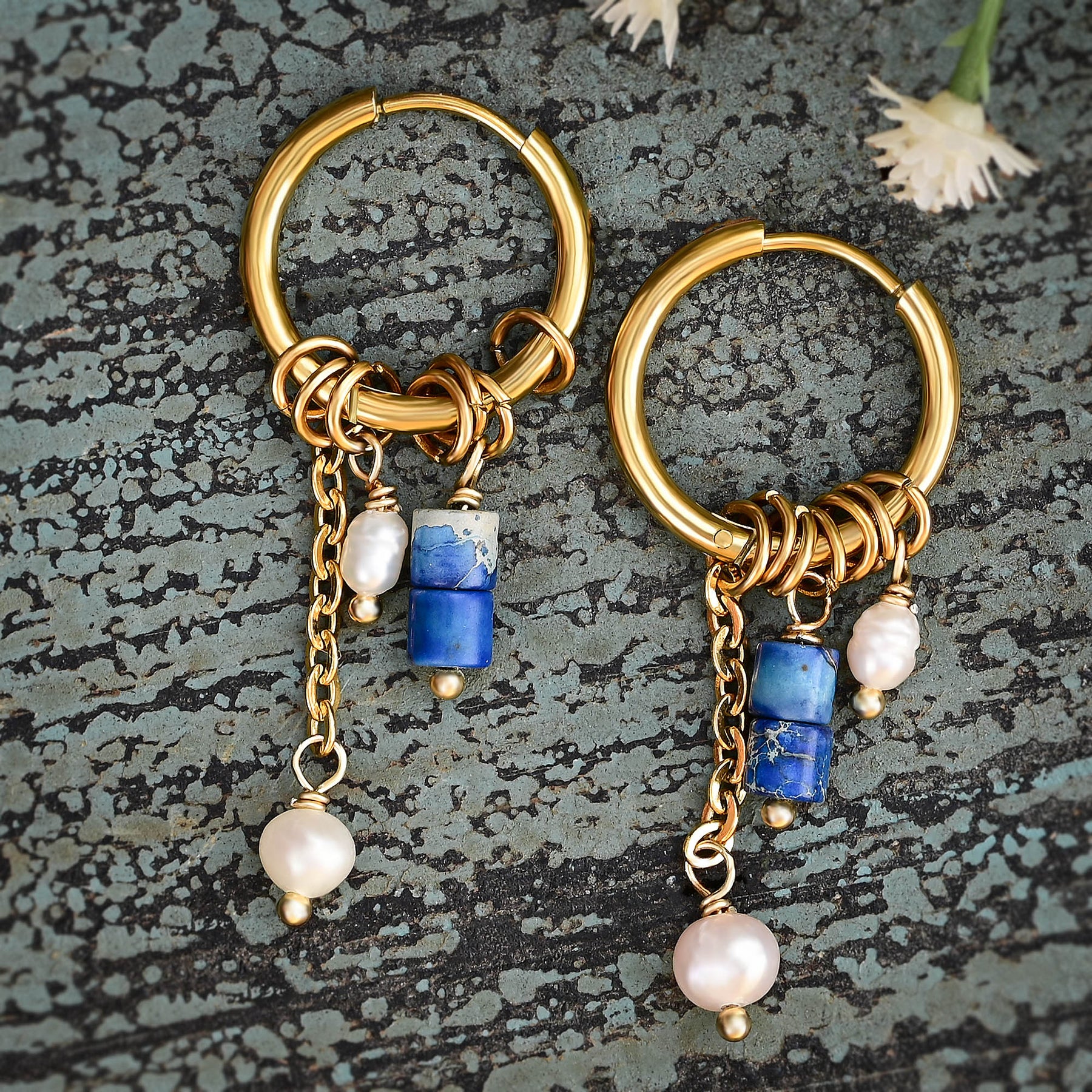 Boucles d'oreilles créoles en perles et agates Golden Grace