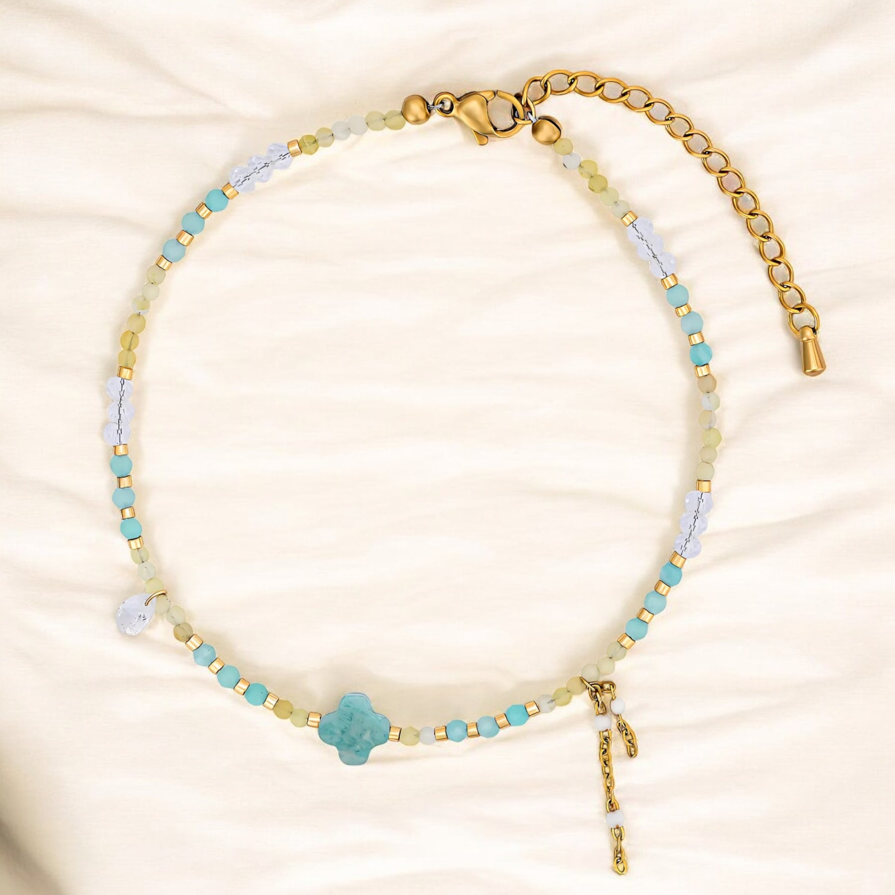 Bracelet de cheville breloque trèfle en amazonite bleu sarcelle
