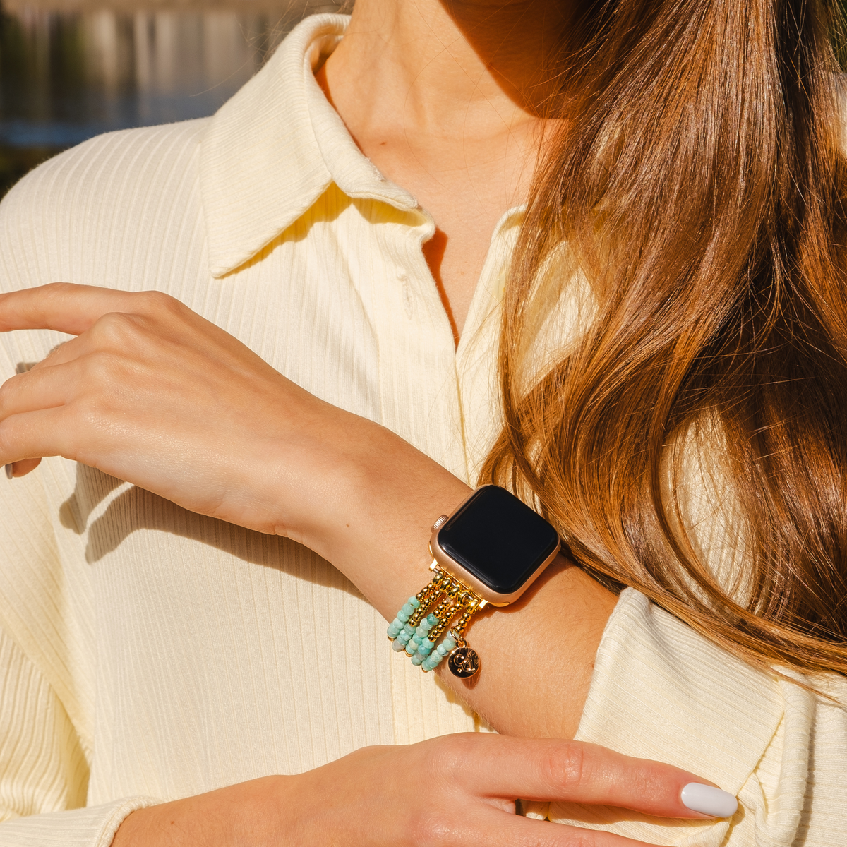 Gloeiende Amazoniet Stretch Apple Watch Band
