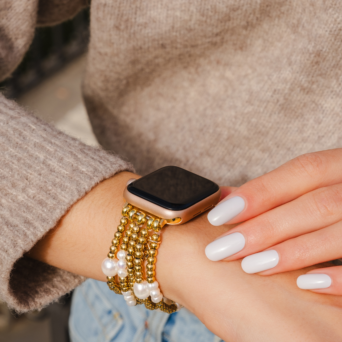 Gold- und Perlen-Stretch-Apple Watch-Armband