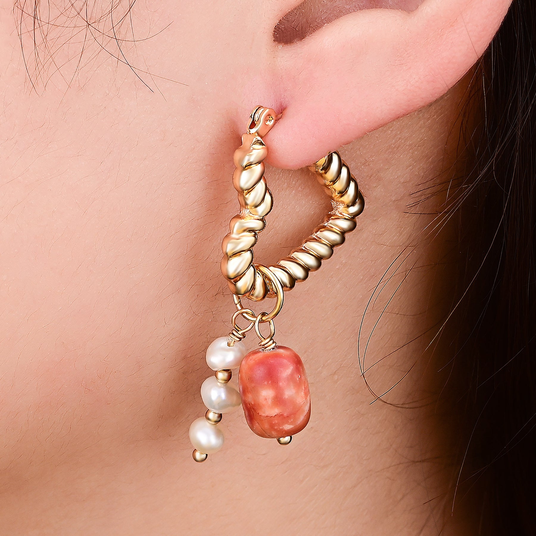 Boucles d'oreilles créoles avec breloque en forme de cœur, perle et agate