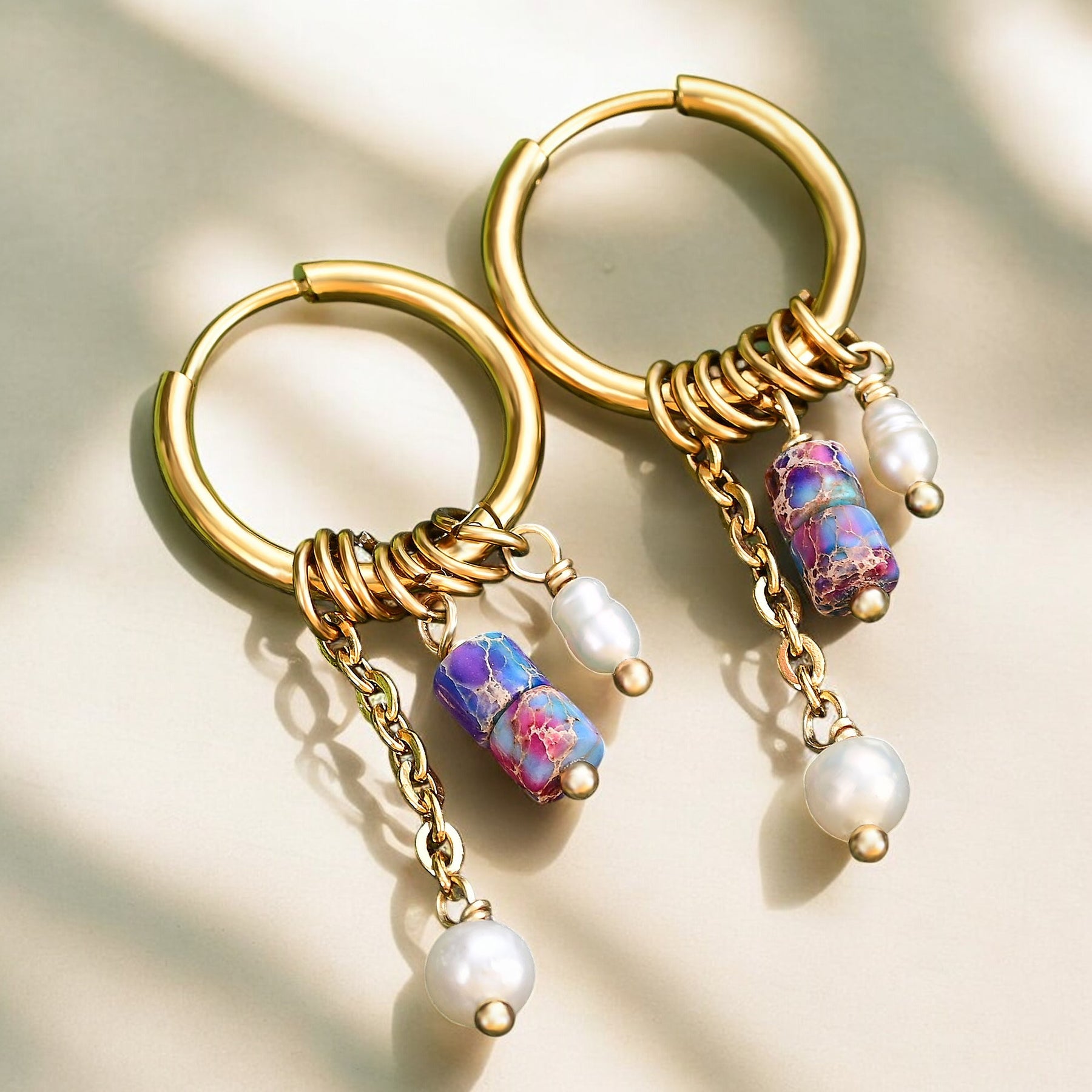 Boucles d'oreilles créoles en perles et agates Golden Grace
