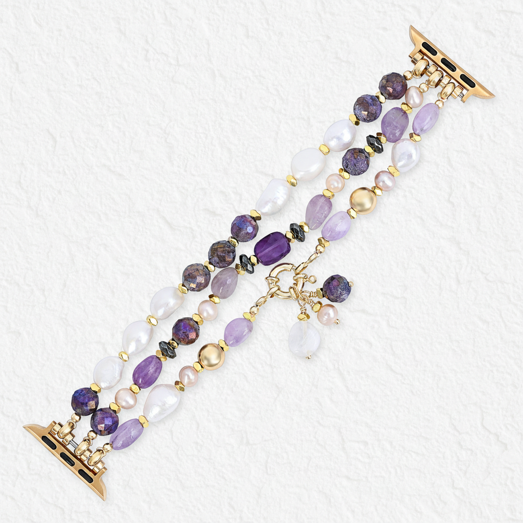 Bracelet extensible en grappe de perles d'améthyste pour Apple Watch