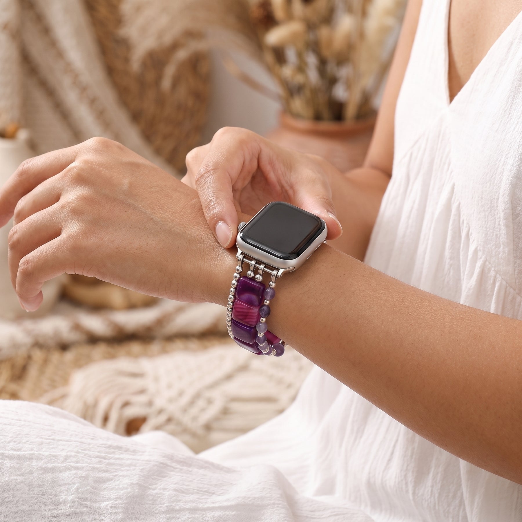Wild Grace-agaatarmband voor Apple Watch, elastisch, zilverkleurig