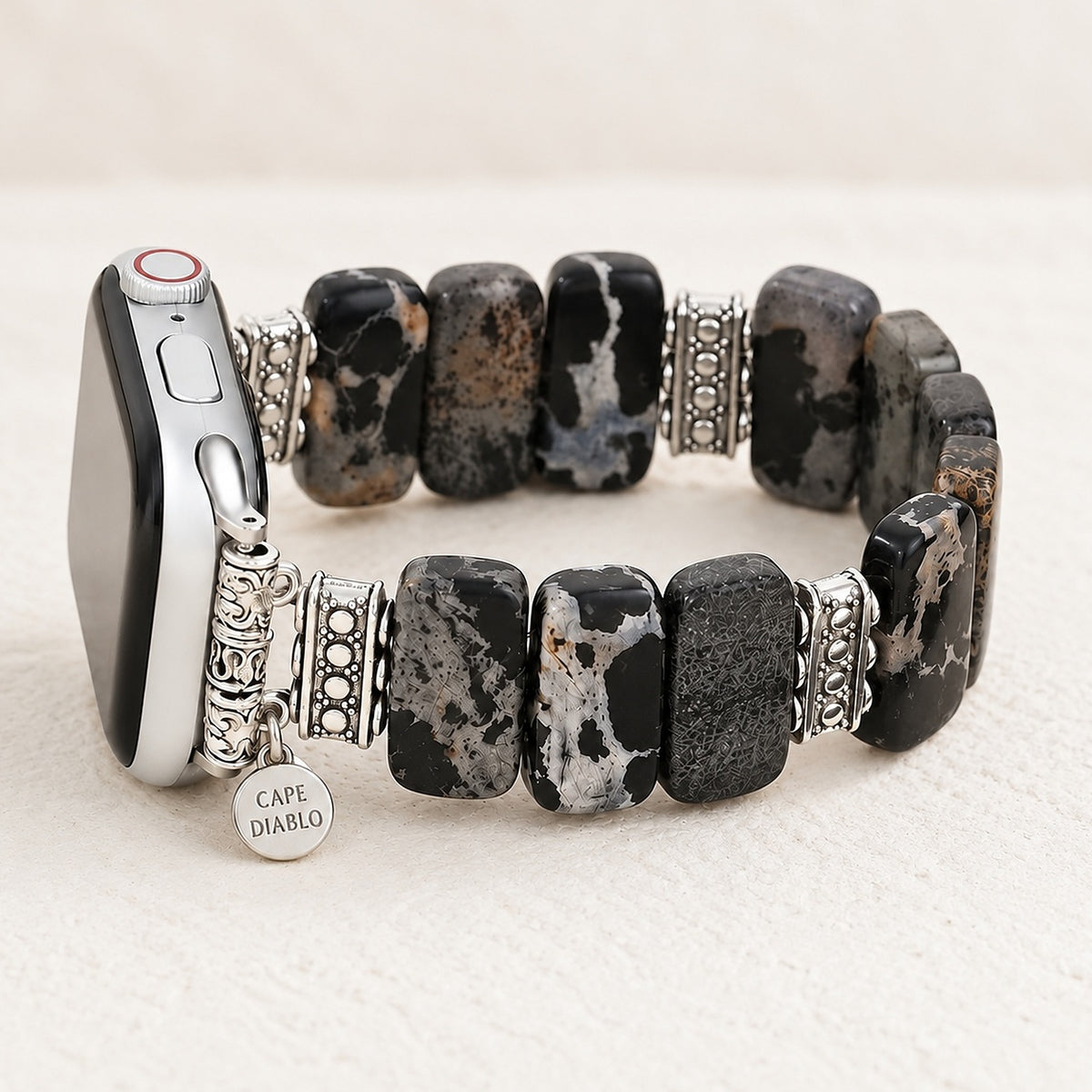 Midnight Jasper Stretch Apple Watch Strap with Cape Diablo charm